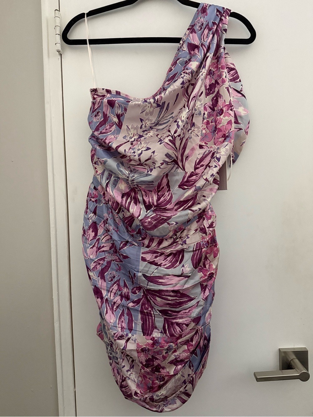 BTFL Life Shirred Floral Satin One Shoulder Mini Dress Large Spring $120